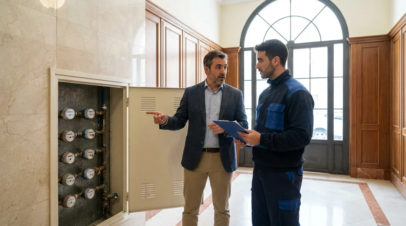 Administrador de fincas y técnico ante el armario de contadores de un edificio