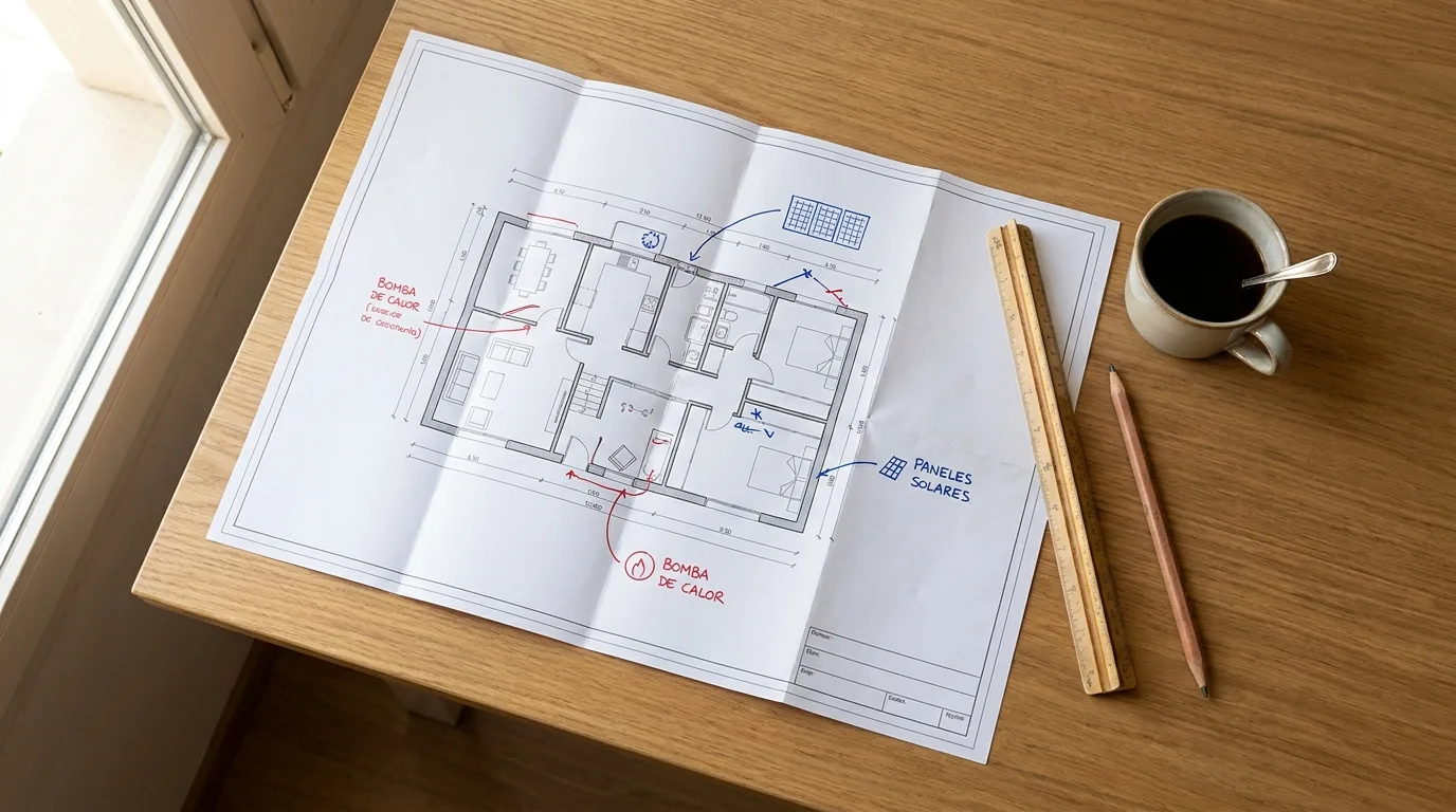 Plano de una vivienda con el diseño de la aerotermia y las placas