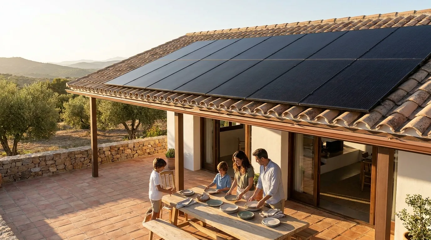 Terraza de una casa al atardecer con placas en la cubierta y una familia poniendo la mesa