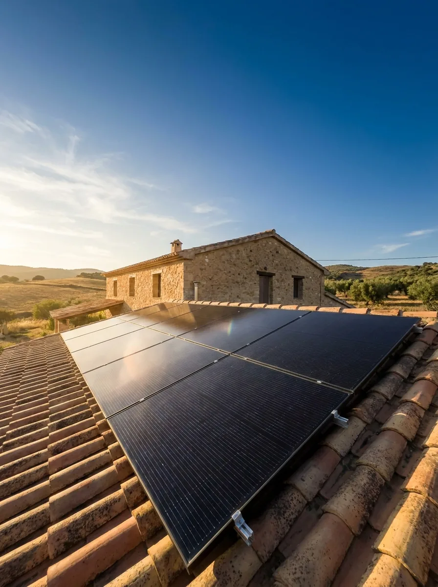 Placas solares full black sobre una cubierta de teja contra el cielo azul