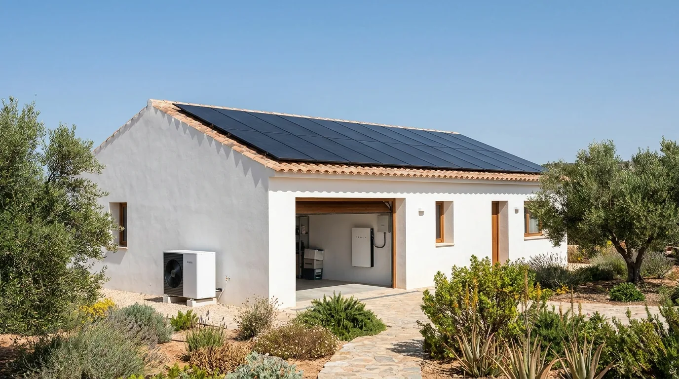 Casa con placas solares, bomba de calor y batería