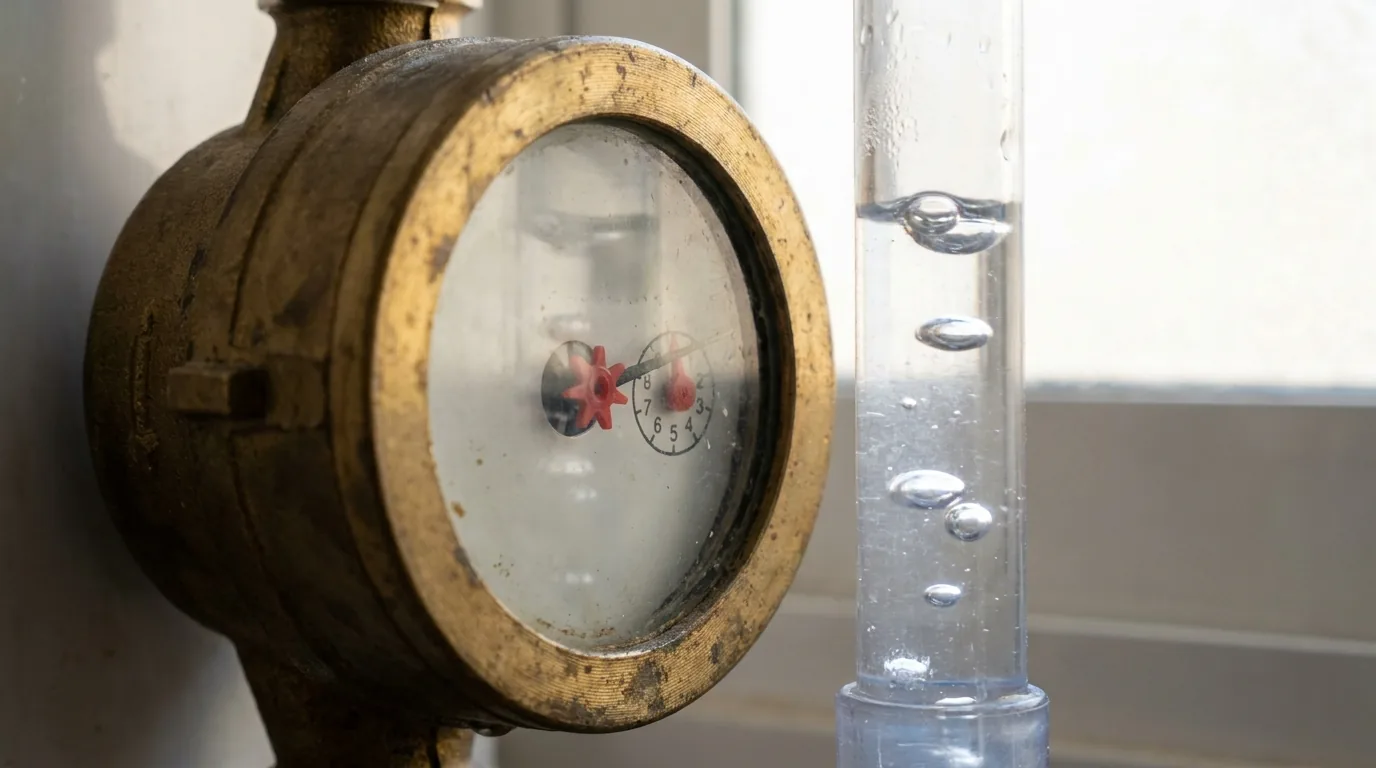 Esfera de un contador de agua junto a un tramo de tubería con burbujas de aire