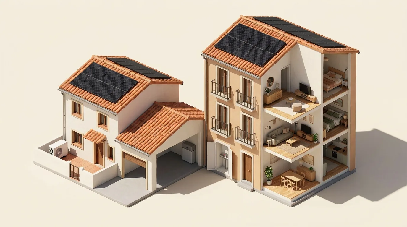 Ilustración de una casa y un edificio con placas solares, aerotermia, batería y la válvula de agua en el armario de contadores