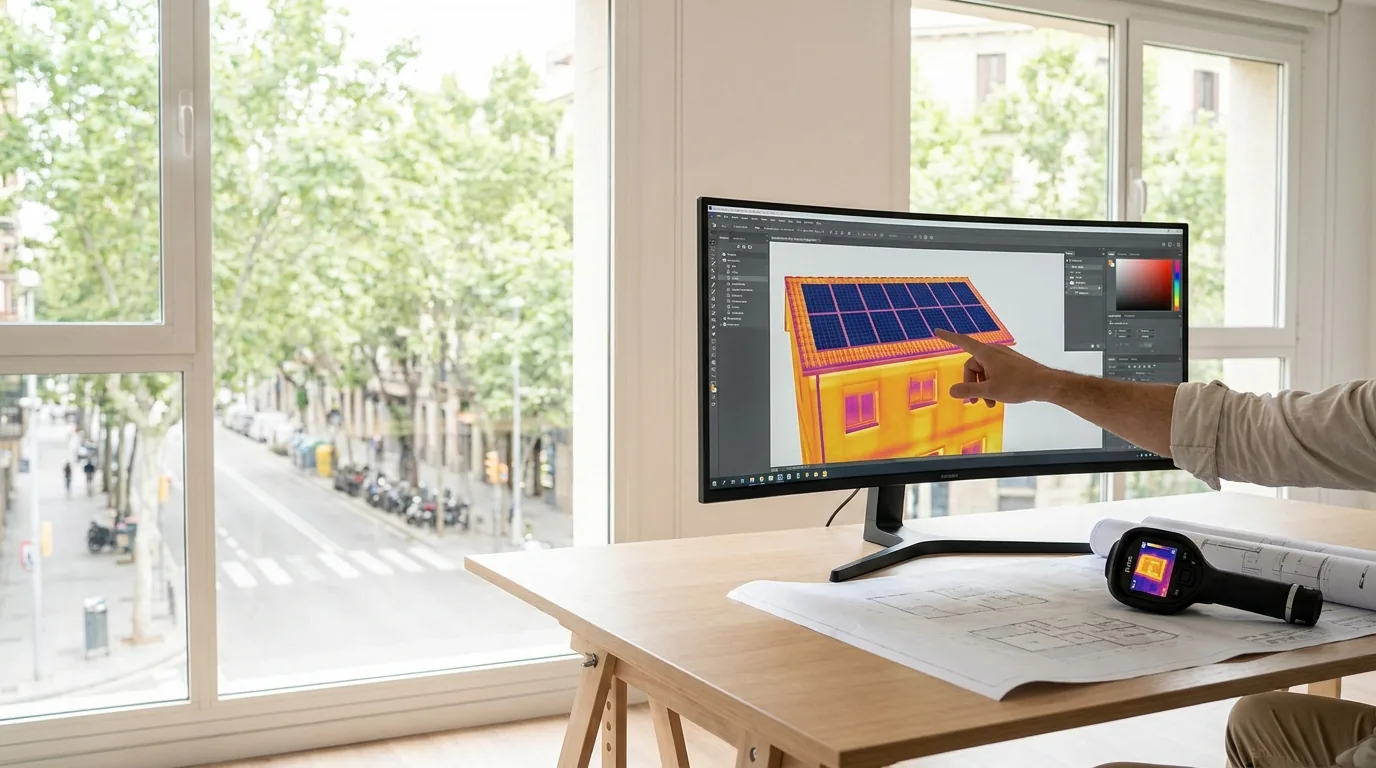 Pantalla con el modelo 3D de una vivienda, su mapa de pérdidas de calor y la distribución de placas