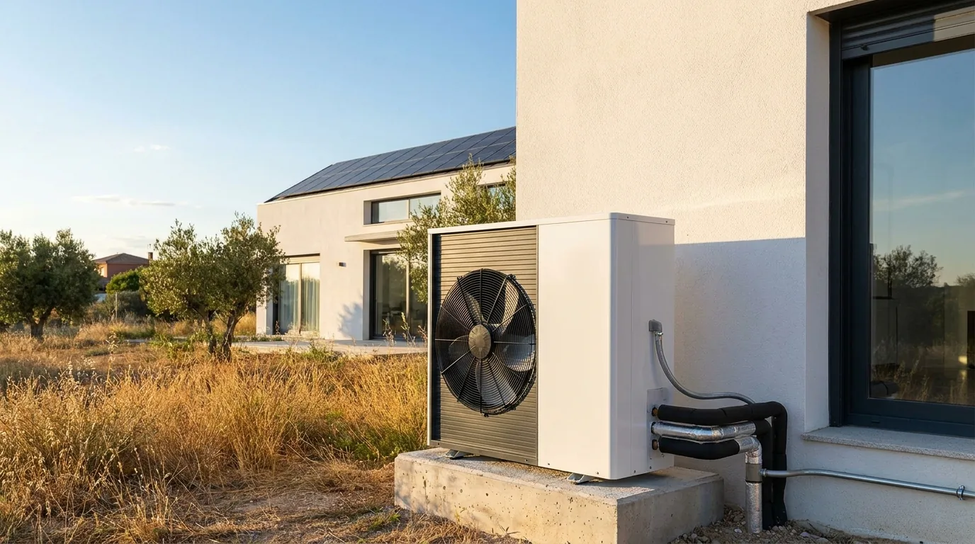 Vivienda con bomba de calor: a la izquierda en vista termográfica, a la derecha en imagen real