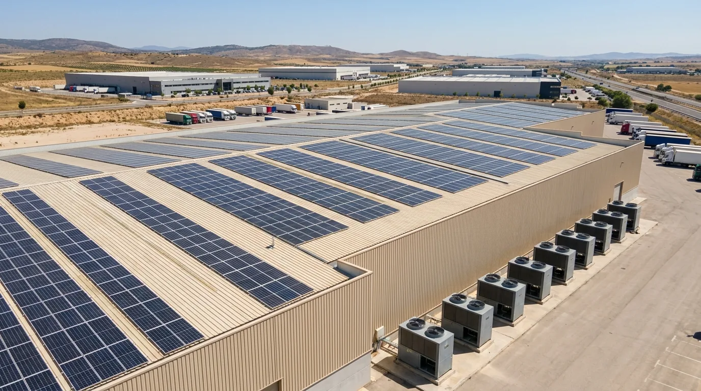 Nave industrial con la cubierta llena de placas solares y bombas de calor industriales junto al edificio